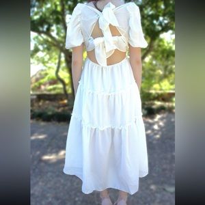 Mustard Seed White Puff Sleeve Midi Dress with Bows on Back NEW